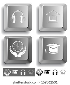 Education icon set. Headphones, clock in hands, graduation cap, library. Computer keys. Vector illustration.