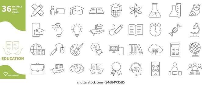 Education icon. Set of icons for school, books, online learning, subjects,...