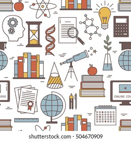 Education icon set, illustration vector. Modern thin line icons, flat style. Colorful seamless pattern with education symbols. Decorative wallpaper, good for printing. Wrapping design