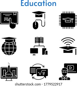 education icon set. included chemistry, chip, cap, teacher, school, homework, e-learning, touchscreen, school icons. filled styles.