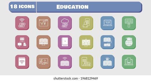 education icon set. included chemistry, audiobook, study, homework, learn, maths, book, learning, cloud library, student-laptop icons on white background. linear, filled styles.