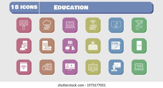 education icon set. included chemistry, audiobook, study, book, learning, microscope, exam, student-smartphone, cloud library icons on white background. linear, filled styles.