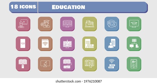 education icon set. included chemistry, study, audiobook, homework, book, training, student-desktop, microscope, student-smartphone icons on white background. linear, filled styles.
