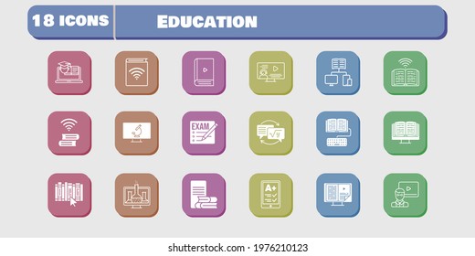 education icon set. included chemistry, audiobook, homework, book, training, microscope, exam, ereader, ebook, teacher icons on white background. linear, filled styles.