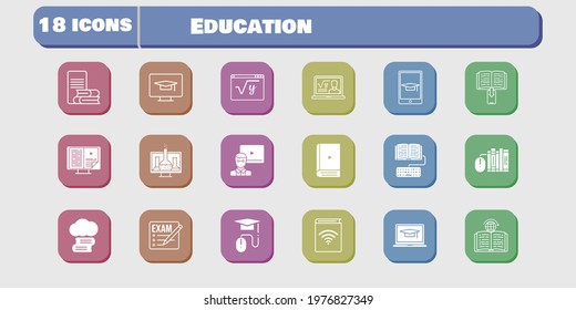 education icon set. included chemistry, audiobook, homework, maths, learning, student-desktop, cloud library, exam, professor icons on white background. linear, filled styles.