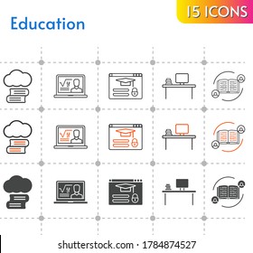 education icon set. included cloud library, feedback, professor, desktop, login icons on white background. linear, bicolor, filled styles.