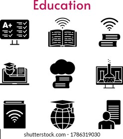 education icon set. included cloud library, chemistry, audiobook, study, test, school, book, training icons. filled styles.