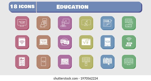 education icon set. included study, audiobook, homework, maths, book, student-desktop, microscope, student-smartphone, exam icons on white background. linear, filled styles.