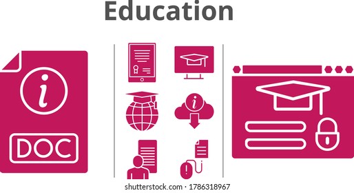 education icon set. included tablet, study, school, doc, information, login, click icons. filled styles.