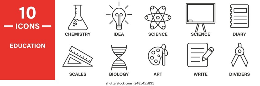 Conjunto de íconos de Educación. incluye química, idea, ciencia, ciencia, diario, escalas, biología, arte, escritura, divisores y más íconos. colección de íconos esquematizados. Ilustración vectorial.