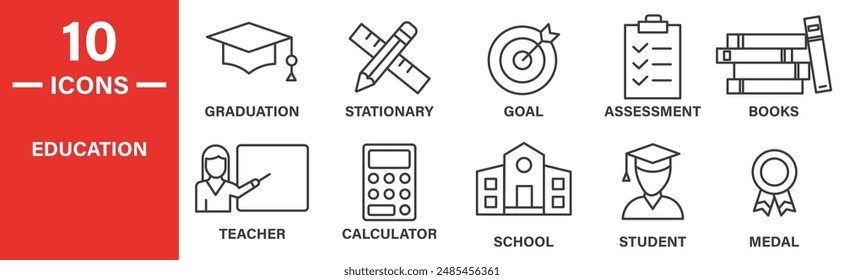 Education icon set. Includes graduation, stationary, goal, assessment, books, teacher, calculator, school, student, medal, and more icons. Outlined icon collection. Vector illustration.