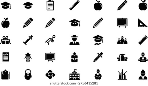 Education Icon set . including Graduation Cap, Student, Pencil, Ruler, Apple, Clipboard, Blackboard, Teacher, School Building vector silhouette illustration.