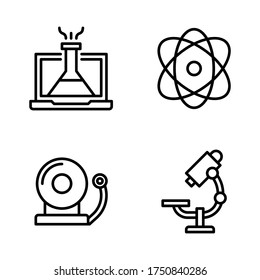 Education icon set = laptop, atom, school alarm, microscope