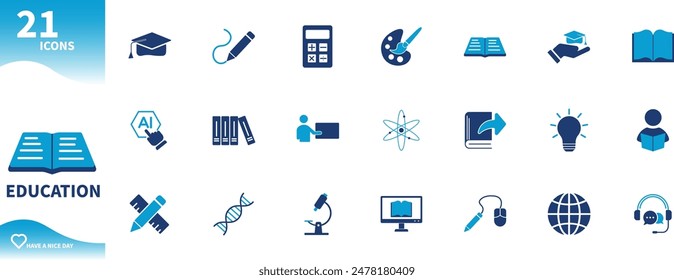 Education icon. Set of learning icons, books, pens, graduation, knowledge, students,...