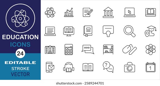 Education icon set. Learning icons for website and mobile app. Education, school and learning editable line icons. Thin line icons set of academic subjects and education. Vector illustration.