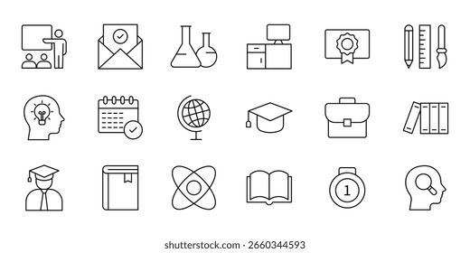 Education icon set. Education and Learning line icon set. High quality vector icons for learning, teaching, and education related concepts. Editable stroke. Vector illustration.