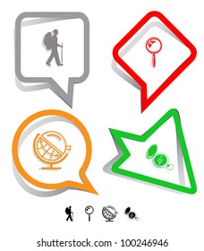 Education icon set. Magnifying glass, compass, traveller, globe and loupe. Paper stickers. Vector illustration.