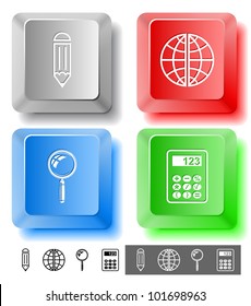 Education icon set. Magnifying glass, globe, calculator, pencil. Computer keys. Vector illustration.