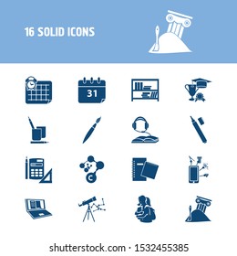 Education icon set and marker with math, astronomy and school award. Date related education icon vector for web UI logo design.