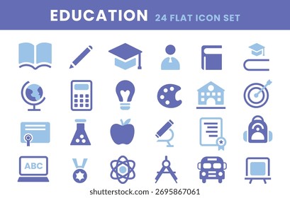 Education icon set. Minimal flat symbols of school, learning, and study concept. Modern vector collection for web, mobile app, and academic design including book, graduation cap, and science icons.
