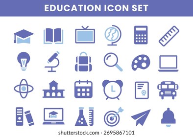 Symbolsatz Bildung. Minimale flache Symbole von Schule, Lernen und Studienkonzept. Moderne Vektorsammlung für Web, mobile App und akademisches Design, einschließlich Buch, Abschlusskappe und Wissenschaftssymbole.