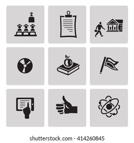 Education icon set in minimalist style. Black sign on gray background