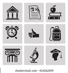 Education icon set in minimalist style. Black sign on gray background