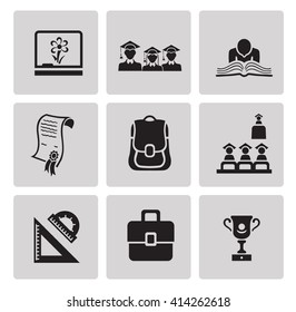 Education icon set in minimalist style. Black sign on gray background