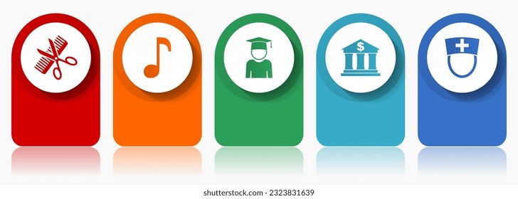 Education icon set, miscellaneous vector icons such as barber shop, music, study, bank and doctor, modern design infographic template, web buttons in 5 color options