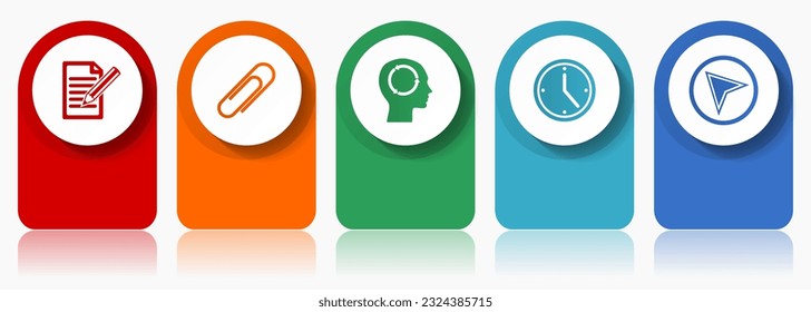 Education icon set, miscellaneous vector icons such as register, attach, head, clock and navigation arrow, modern design infographic template, web buttons in 5 color options