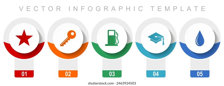 Education icon set, miscellaneous vector icons such as star, key, fuel, education and water, modern design infographic template, web buttons in 5 color options