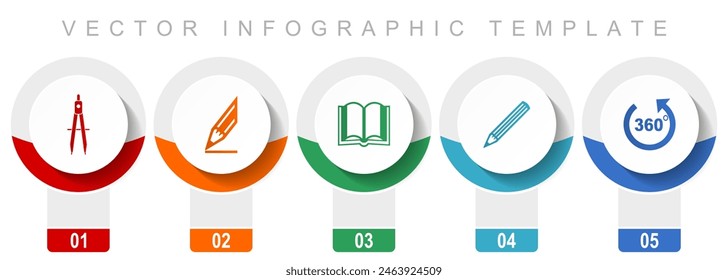 Education icon set, miscellaneous vector icons such as calippers, pencil, book and 360 degree, modern design infographic template, web buttons in 5 color options