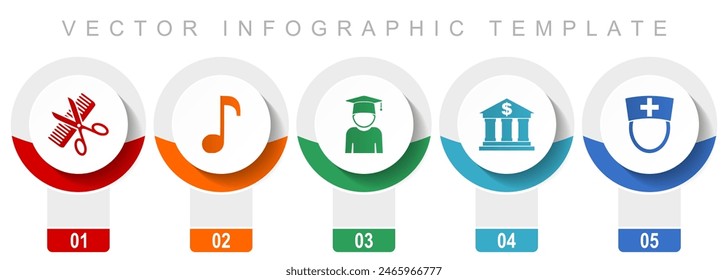 Education icon set, miscellaneous vector icons such as barber shop, music, study, bank and doctor, modern design infographic template, web buttons in 5 color options