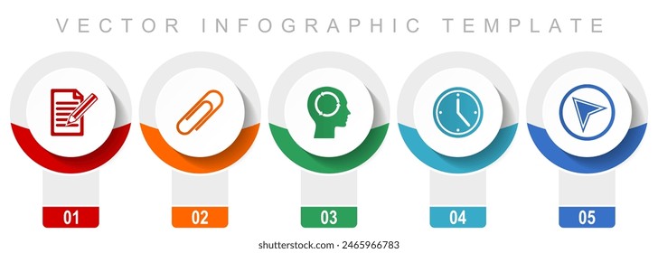 Education icon set, miscellaneous vector icons such as register, attach, head, clock and navigation arrow, modern design infographic template, web buttons in 5 color options