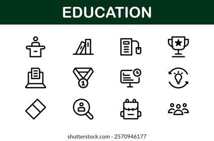 Education Icon Set. Modern and Minimalist Icons for Learning, Teaching, Schools, and Digital Educational Tools