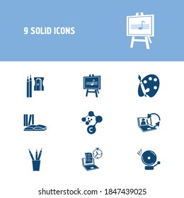 Education icon set and music class with books, pencil sharpener and brush with palette. Graphite related education icon vector for web UI logo design.