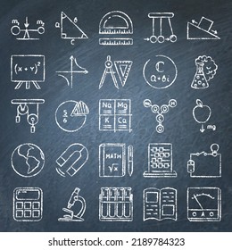 Education icon set on blackboard. Chalkboard school and learning symbols. Vector illustration.