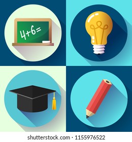 Education icon set on white background. Lightbulb, pencil, graduate hat and slate