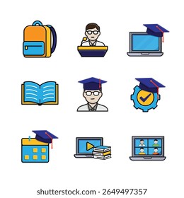 education icon set. online learning, graduation, book, public speaking, etc. smart, study, clever. isometric design style