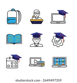 conjunto de ícones de educação. aprendizagem on-line, graduação, livro, falar em público, etc. inteligente, estudar, inteligente. estilo de design misto