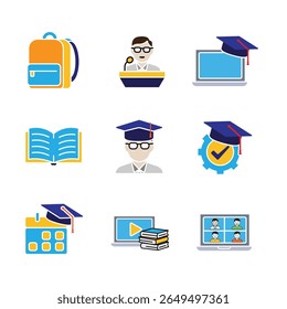 education icon set. online learning, graduation, book, public speaking, etc. smart, study, clever. flat design style
