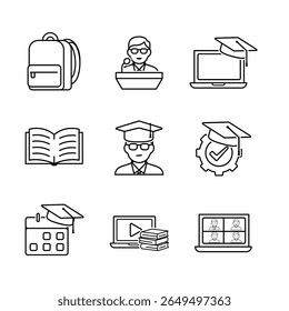education icon set. online learning, graduation, book, public speaking, etc. smart, study, clever. outline design style