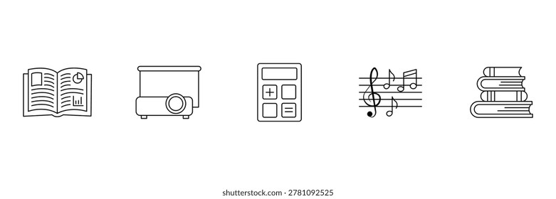 Education icon set with open book projector calculator music notes and stack of books vector illustration.