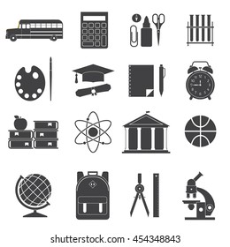 Education icon set in outline design. Student icons. School bag, college building, chalkboard, bus, stationery. Elementary school collection in outline design. 