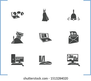 Education icon set and prom dress with online consultation, admission letter and alarm. Textbook related education icon vector for web UI logo design