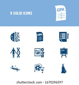 Education icon set and prom dress with sports, creativity and gpa. Document related education icon vector for web UI logo design.