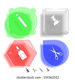 Juego de iconos de educación. Empuje el pasador, el lápiz, las tijeras, el frasco de pegamento. Botones de vidrio. Ilustración vectorial. Eps10.