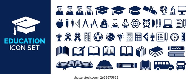education icon set. school icons bundle. education, book, pencil, pen, student, college, school, icon bundle collection. learning icons set. academy icon. education student bundle. graduation icon.