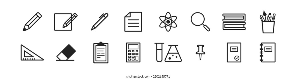 Juego de iconos de educación. Escolares. Suministros de estudio. De vuelta al concepto escolar. Ilustración vectorial. Elementos de la escuela primaria. Ilustración vectorial.