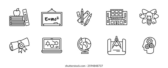 Education icon set. School, university and learning symbols collection. Knowledge, research and academic study vector illustration. Classroom, diploma, student and science pictogram set.
